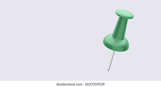 Green Push Pin in 3D Style with Metallic Tip Floating on Soft Background. Perfect for Map Marker, Reminder, Office, or Planning-Related Designs. Vector Illustration.