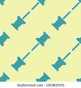 Green Push pin icon isolated seamless pattern on yellow background. Thumbtacks sign. Flat design. Vector Illustration