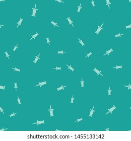 Green Push pin icon isolated seamless pattern on green background. Thumbtacks sign.  Vector Illustration