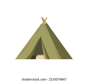 Green Pyramid Tent for Camping vector illustration. Isolated Outdoor illustration. Hiking, hunting, fishing canvas. Tourist Tent design over white background.