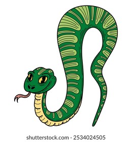 Pitón verde dibujado a mano plano. Linda serpiente. Animal peligroso con cuerpo largo y retorcido. Víbora, anaconda. Criatura venenosa. Ilustración de arte de línea de Vector.