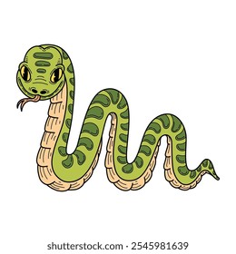 Pitón verde dibujado a mano plano. Linda serpiente. Animal peligroso con cuerpo largo y retorcido. Víbora, anaconda. Criatura venenosa. Ilustración de arte de línea de Vector.