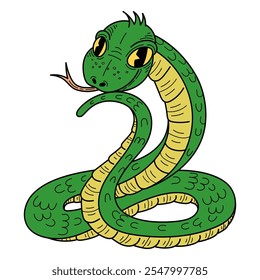 Pitón verde dibujado a mano plano. Linda serpiente. Animal peligroso con cuerpo largo y retorcido. Víbora, anaconda. Criatura venenosa. Ilustración de arte de línea de Vector.