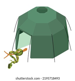 Green python icon isometric vector. Tree python near green military camping tent. Camping, ecotourism, recreation, danger