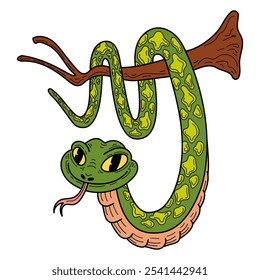 Pitón verde en una rama dibujada a mano plana. Linda serpiente. Animal peligroso con un cuerpo largo y retorcido. Víbora, pitón, anaconda, serpiente de cascabel. Criatura venenosa. Vector ilustración de dibujos animados.