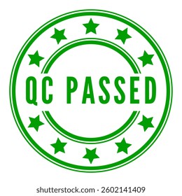 Green QC (Quality Control) Passed isolated round stamp, sticker, sign with Stars vector illustration