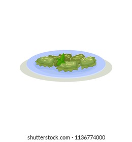 Green quadretti pasta with leaves of basil in blue plate. Delicious dish of Italian cuisine. Tasty meal for dinner. Flat vector icon