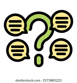 Green question mark surrounded by speech bubbles symbolizing frequently asked questions and online communication