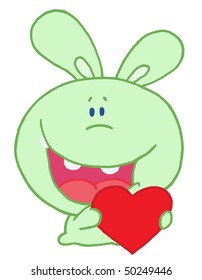 Green Rabbit Laughing And Holding a Red Heart Love