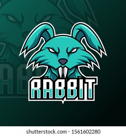 Green rabbit long tooth mascot gaming logo design vector template