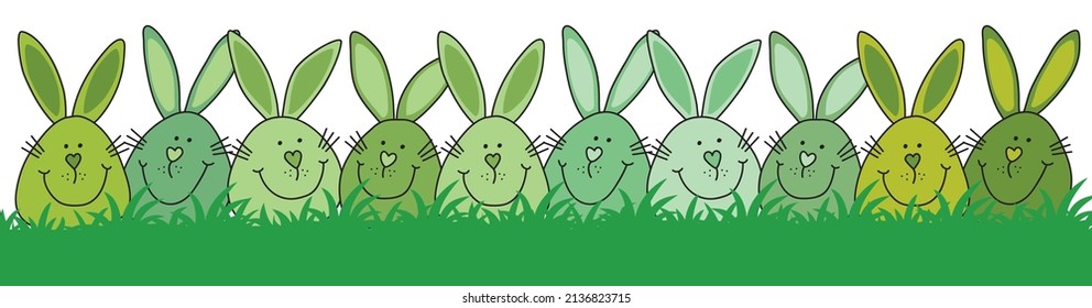 green rabbits cartoon for easter cards, banners, background, headline, smiling team of easter bunnies for your design