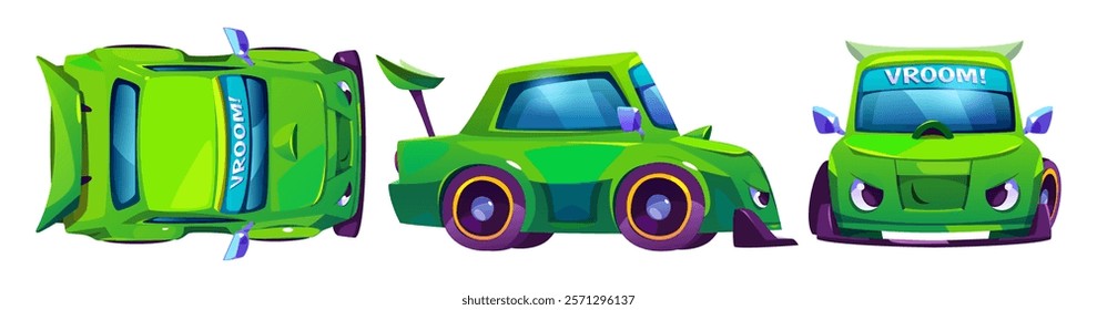 Green race car character set isolated on white background. Vector cartoon illustration of sport auto with winner smirk and narrowed eyes on face, transport for speed race rally, top, side, front view