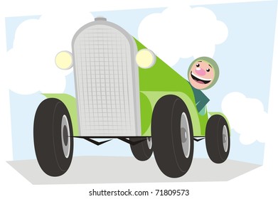 A green racing car with a smiling driver looking out of the cockpit - colorful vector cartoon illustration