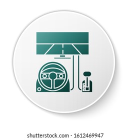 Green Racing simulator cockpit icon isolated on white background. Gaming accessory. Gadget for driving simulation game. White circle button. Vector Illustration