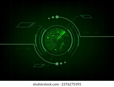 Green radar. HUD radar interface display. Military search system. Concept scan enemy base. Vector illustrator