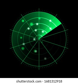 Green radar isolated on dark background. Military search system. HUD radar display. Vector illustration