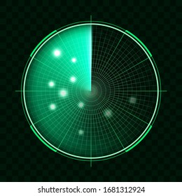 El radar verde aislado sobre fondo oscuro. Sistema de búsqueda militar. Pantalla del radar HUD. Ilustración del vector