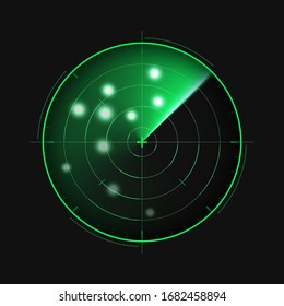 Green radar isolated on dark background. Military search system. HUD radar display. Vector illustration