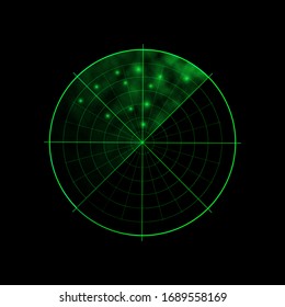 Green radar isolated on dark background. Military search system. HUD radar display. Vector illustration