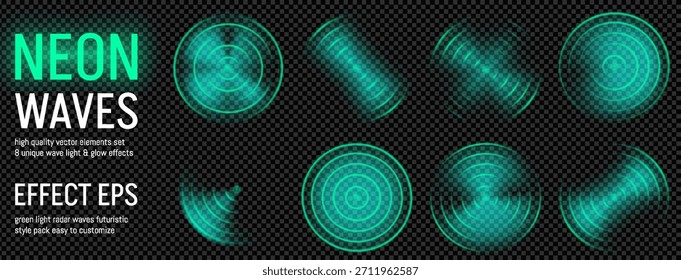 Grünes Radarlicht und Sonarwelleneffekt. Funksensorsignal mit Neon-Glühhud-Design. Radialer Abtastbogen, konzentrische Feldspreizung. Realistischer Smart Car Rundtakt für Antennensatz.
