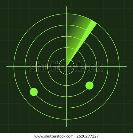 Green radar screen interface scanning surrounding and incoming aerial traffic. Green radar. Hud radar display. Military search system. Futuristic radar ui with digital grid and targets