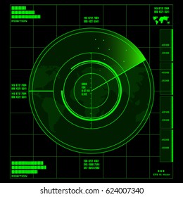 Green radar screen on black background, HUD interface