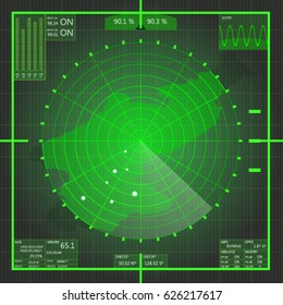 Green radar screen over square grid lines, and map of North Korea  territory, vector