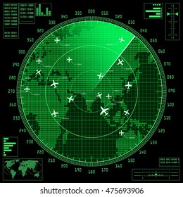 Green Radar Screen With Planes And Dotted World Map. Vector Illustration.