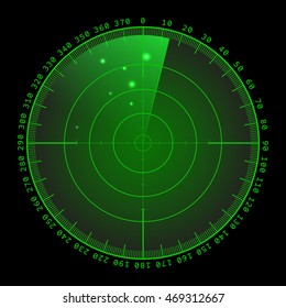 Green radar screen with targets in process ,dynamic illustration . Conceptual design of military radar screen. Vector illustration .