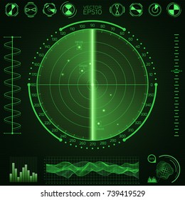 Green radar screen.Screen with target. HUD Interface design. Vector illustration.