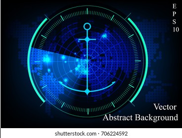 green radar screen.Technology background.Radar display with scanning and anchor with map background.( finding treasure concept)