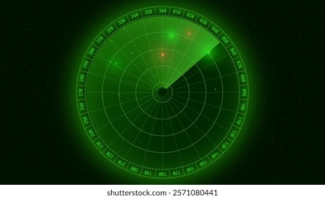 Green Radar with Targets. Enemy on Radar Sonar Screen. Sci Fi Technology HUD UI Design Element. Military Game Radar Concept. Vector Illustration.