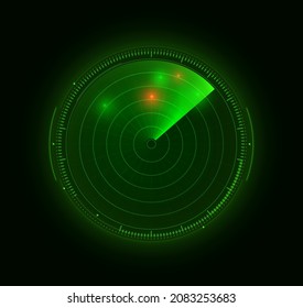 Green Radar with Targets. Red Enemy on Radar Sonar Screen. Sci Fi Technology HUD UI Element. Vector Illustration.