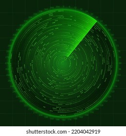 Radar verde con objetivos. Enemigo rojo en pantalla sonora. Elemento de diseño de interfaz de usuario HUD de la tecnología Sci Fi. Concepto de radar de juego militar. Ilustración vectorial en el estilo de matriz.