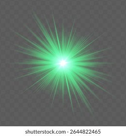 Green radial flare with glowing starburst, soft gradient and transparent background. Suitable for magical, festive or romantic visual design projects.
