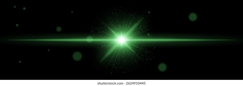 Green radial light burst with sparkling center beam and glowing particle rays, symbolizing powerful signal transmission or sci-fi tech explosion.