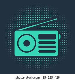 Green Radio with antenna icon isolated on blue background. Abstract circle random dots. Vector Illustration