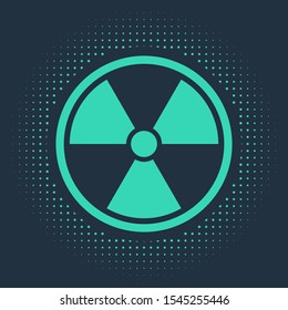 Green Radioactive icon isolated on blue background. Radioactive toxic symbol. Radiation Hazard sign. Abstract circle random dots. Vector Illustration