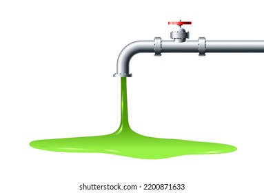 Green radioactive liquid and toxic waste flows out of the steel pipe vector illustration
