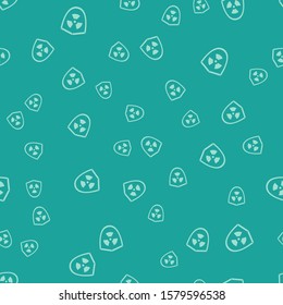 Green Radioactive in shield icon isolated seamless pattern on green background. Radioactive toxic symbol. Radiation Hazard sign.  Vector Illustration