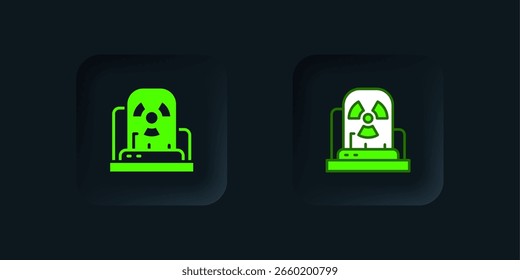 Icono de la lámpara de advertencia radiactiva verde aislado sobre fondo negro. Botón cuadrado negro. Vector