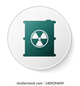 Green Radioactive waste in barrel icon isolated on white background. Toxic refuse keg. Radioactive garbage emissions, environmental pollution. White circle button. Vector Illustration
