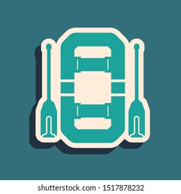 Green Rafting boat icon isolated on blue background. Inflatable boat with oars. Water sports, extreme sports, holiday, vacation, team building. Long shadow style. Vector Illustration
