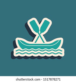 Green Rafting boat icon isolated on blue background. Kayak with paddles. Water sports, extreme sports, holiday, vacation, team building. Long shadow style. Vector Illustration