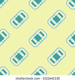 Green Rafting boat icon isolated seamless pattern on yellow background. Inflatable boat. Water sports, extreme sports, holiday, vacation, team building.  Vector Illustration