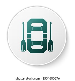 Green Rafting boat icon isolated on white background. Inflatable boat with oars. Water sports, extreme sports, holiday, vacation, team building. White circle button. Vector Illustration