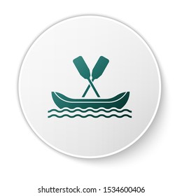 Green Rafting boat icon isolated on white background. Kayak with paddles. Water sports, extreme sports, holiday, vacation, team building. White circle button. Vector Illustration
