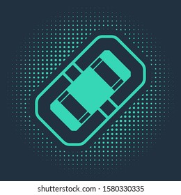 Green Rafting boat icon isolated on blue background. Inflatable boat. Water sports, extreme sports, holiday, vacation, team building. Abstract circle random dots. Vector Illustration