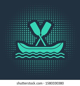 Green Rafting boat icon isolated on blue background. Kayak with paddles. Water sports, extreme sports, holiday, vacation, team building. Abstract circle random dots. Vector Illustration