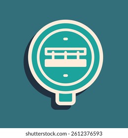 Green Railroad crossing icon isolated on green background. Railway sign. Long shadow style. Vector